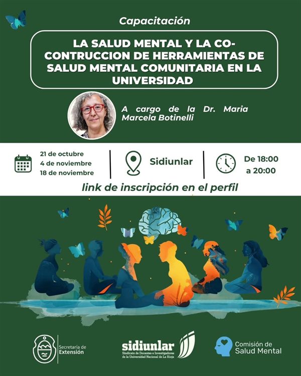 Placa de la capacitación sobre salud mental comunitaria en la universidad, con la foto de la Dra. María Marcela Botinelli y las fechas de los encuentros