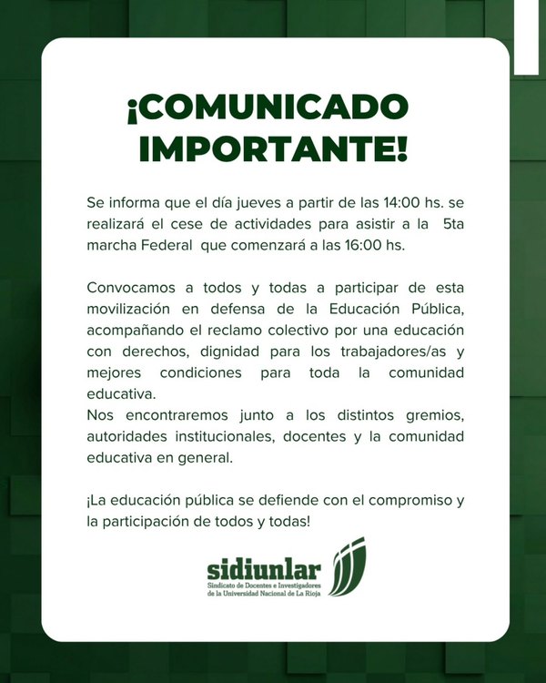 Comunicado del sindicato sobre el cese de actividades para asistir a la marcha