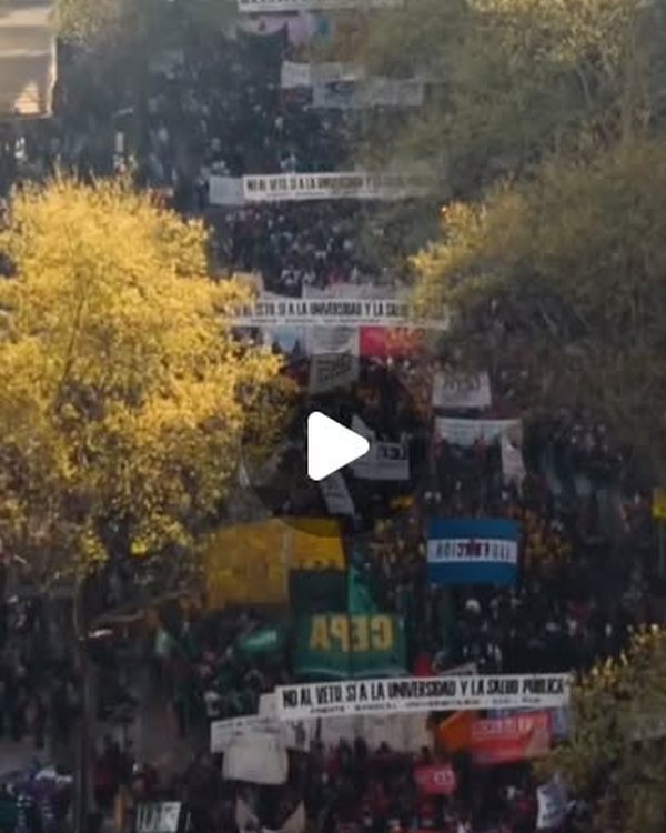 La movilización vista desde arriba, con banderas y carteles a lo largo de la avenida