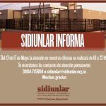 Entre el 13 y el 17 de mayo la atención en las oficinas de SIDIUNLaR será de 18.00 a 22.00